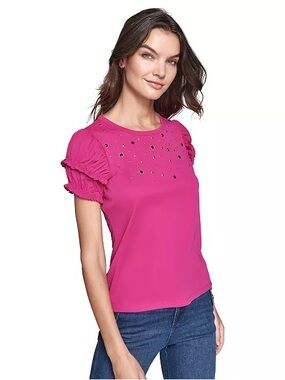 NwotKarl Lagerfeld Hot Pink Embellished Puff Sleeve Top